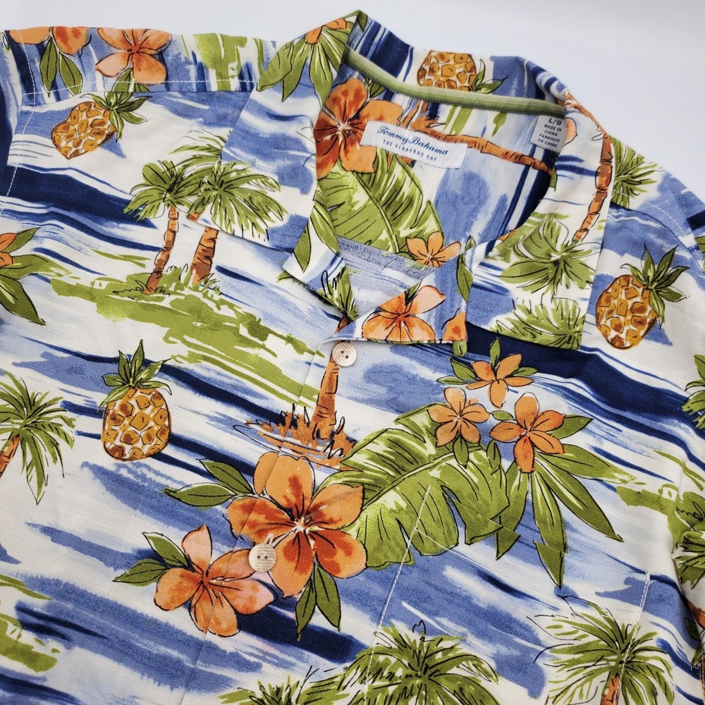 Tommy Bahama Veracruz Cay Mens Large Tropical Pineapple Palm Tree Viscose Shirt